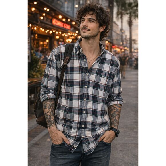 Ralph Lauren Other - Ralph Lauren Golf Plaid Button Up Shirt Mens Large Cotton Gray EUC